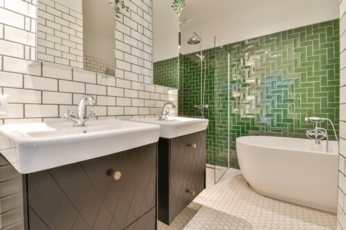 Stylish bathroom with unusual brick tiles and unusual flooring